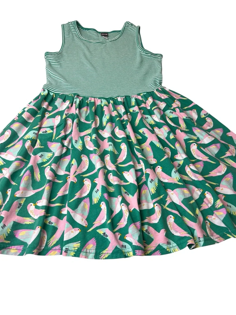 Tea Girls Size 12 Mixed Print Birds/Stripes Green/Pink Sleeveless Skater Dress